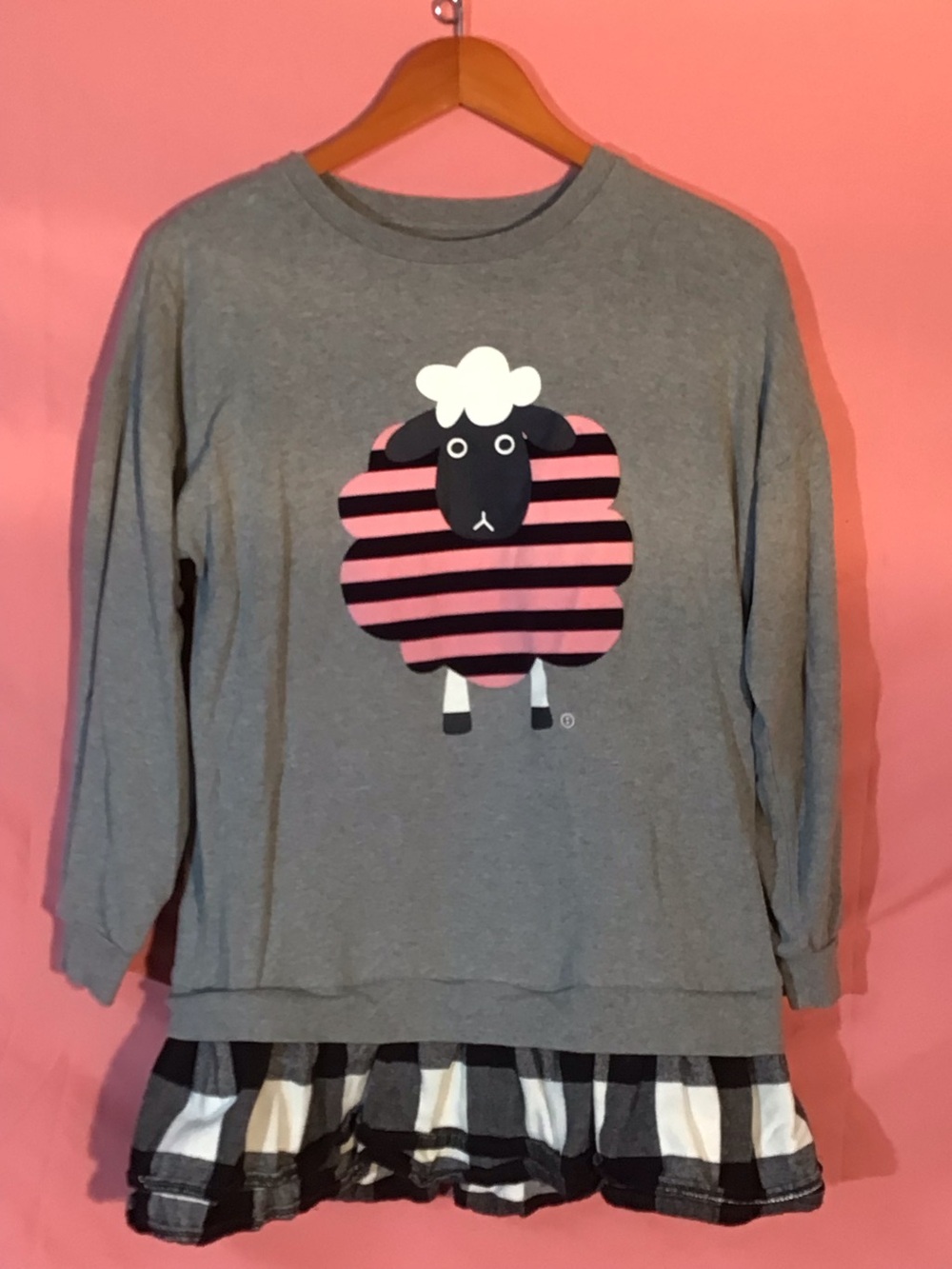 Gray Sweater Dress with Pink & Black Striped Sheep Graphic